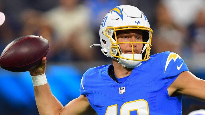 Aug 27, 2026; Inglewood, California, USA; Los Angeles Chargers quarterback Justin Herbert (10) throws against the Los Angeles Rams during the first half at SoFi Stadium. Mandatory Credit: Gary A. Vasquez-Imagn Images