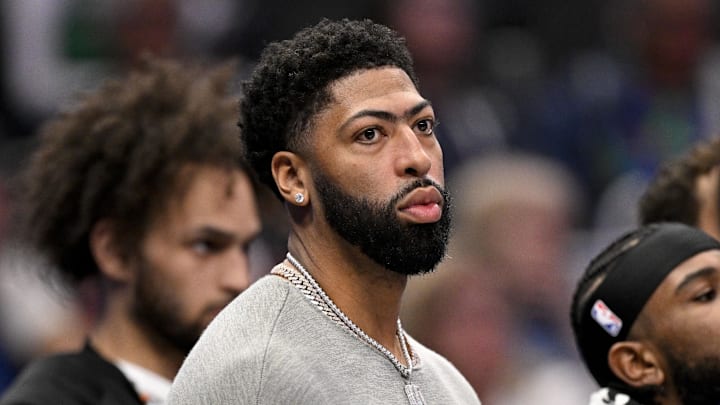 Nov 19, 2025; Dallas, Texas, USA; Dallas Mavericks forward Anthony Davis (3) looks on from the bench during the second half against the New York Knicks at the American Airlines Center. Mandatory Credit: Jerome Miron-Imagn Images