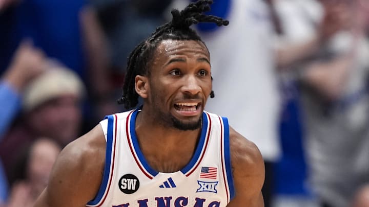 Jan 31, 2026; Lawrence, Kansas, USA; Kansas Jayhawks guard Darryn Peterson (22) reacts after scoring during the first half against the UCF Knights at Allen Fieldhouse. Mandatory Credit: Jay Biggerstaff-Imagn Images