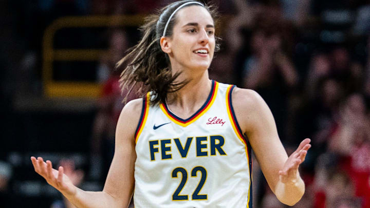 Indiana Fever guard Caitlin Clark (22) returned to Carver-Hawkeye Arena in Iowa City for a WNBA preseason game against the Brazil national team on May 4, 2025.