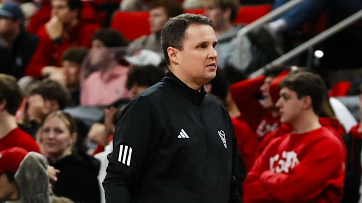 Jan 17, 2026; Raleigh, North Carolina, USA;  NC State Wolfpack head coach Will Wade walks along the court during the first half of the game against the Georgia Tech Yellow Jackets at Lenovo Center. Mandatory Credit: Jaylynn Nash-Imagn Images