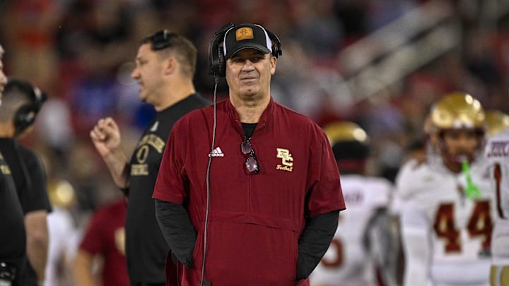 Nov 16, 2024; Dallas, Texas, USA; Boston College Eagles head coach Bill O'Brien looks on during the second half of the game against the SMU Mustangs at Gerald J. Ford Stadium. Mandatory Credit: Jerome Miron-Imagn Images Nov 16, 2024; Dallas, Texas, USA; Boston College Eagles head coach Bill O'Brien looks on during the second half of the game against the SMU Mustangs at Gerald J. Ford Stadium. Mandatory Credit: Jerome Miron-Imagn Images