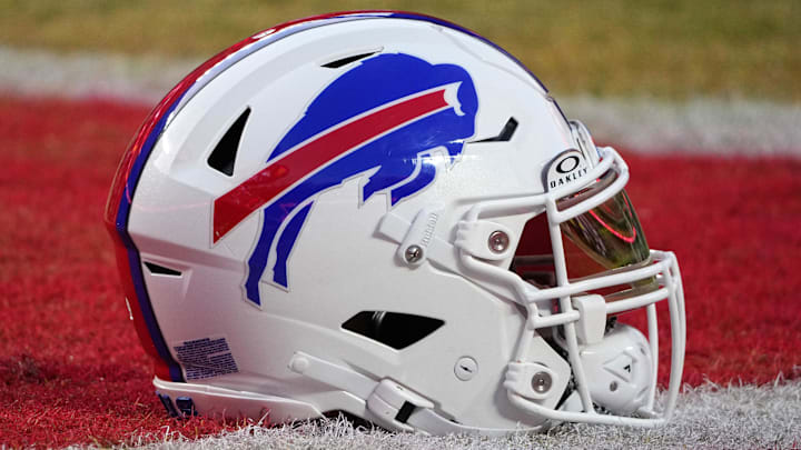Jan 26, 2025; Kansas City, MO, USA; A detailed view of the Buffalo Bills helmet before the AFC Championship game against the Kansas City Chiefs at GEHA Field at Arrowhead Stadium. Mandatory Credit: Denny Medley-Imagn Images