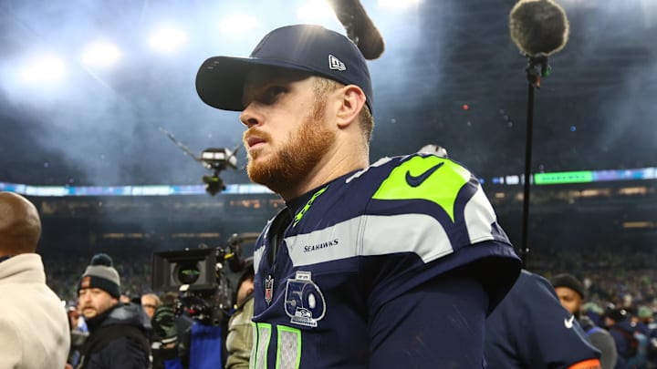 Jan 25, 2026; Seattle, WA, USA; Seattle Seahawks quarterback Sam Darnold (14) looks on after the 2026 NFC Championship Game against the Los Angeles Rams at Lumen Field. Mandatory Credit: Kevin Ng-Imagn Images