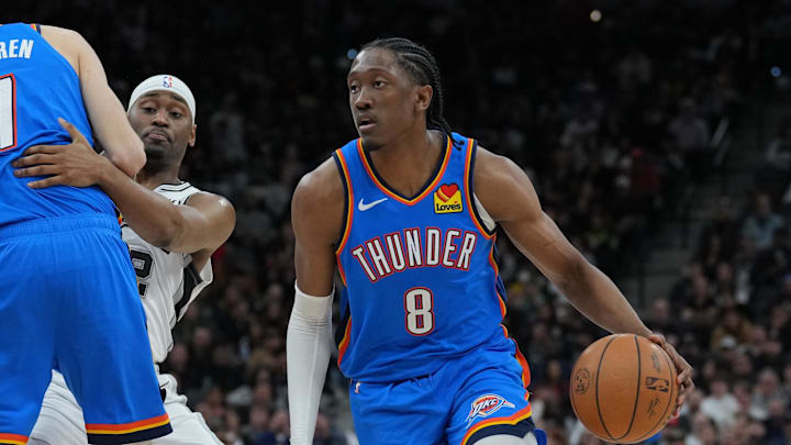 Feb 29, 2024; San Antonio, Texas, USA; Oklahoma City Thunder forward Jalen Williams (8) comes off a screen set by forward Chet Holmgren (7) on San Antonio Spurs guard Malaki Branham (22) in the second half at Frost Bank Center. Mandatory Credit: Daniel Dunn-Imagn Images Feb 29, 2024; San Antonio, Texas, USA; Oklahoma City Thunder forward Jalen Williams (8) comes off a screen set by forward Chet Holmgren (7) on San Antonio Spurs guard Malaki Branham (22) in the second half at Frost Bank Center. Mandatory Credit: Daniel Dunn-Imagn Images