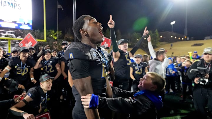 Rejoice Christian's Xavier Okwufulueze (4) celebrates the Class A1 state football championship game over Tonkawa and Rejoice Christian at Chad Richison Stadium in Edmond, Okla., Thursday Dec. 11, 2025. Rejoice Christian's Xavier Okwufulueze (4) celebrates the Class A1 state football championship game over Tonkawa and Rejoice Christian at Chad Richison Stadium in Edmond, Okla., Thursday Dec. 11, 2025.