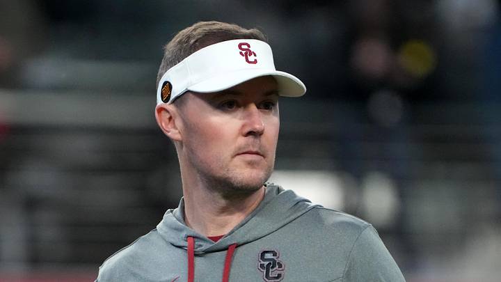 Dec 2, 2022; Las Vegas, NV, USA; Southern California Trojans head coach Lincoln Riley reacts in the first half of the Pac-12 Championship against the Utah Utes at Allegiant Stadium. Mandatory Credit: Kirby Lee-Imagn Images