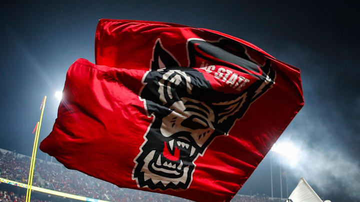 Nov 21, 2025; Raleigh, North Carolina, USA;  NC State Wolfpack cheerleader celebrates a touchdown during the second half of the game against Florida State Seminoles at Carter-Finley Stadium. Mandatory Credit: Jaylynn Nash-Imagn Images