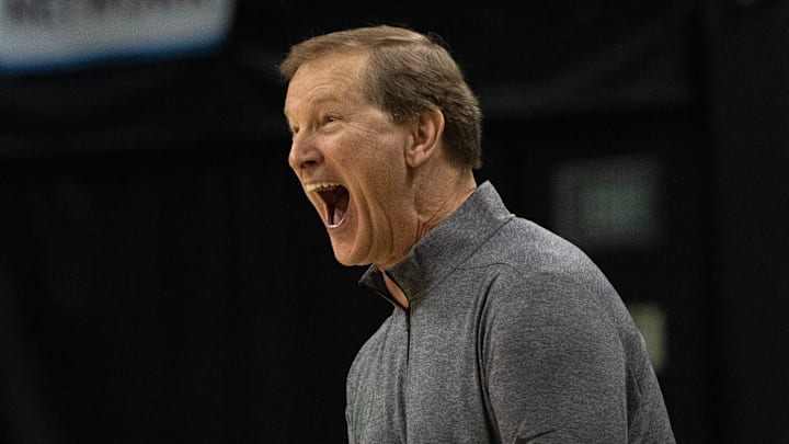 Oregon coach Dana Altman celebrates as the Ducks tie UCLA during the first half at Matthew Knight Arena in Eugene, Oregon Sunday, Dec 8, 2024.
