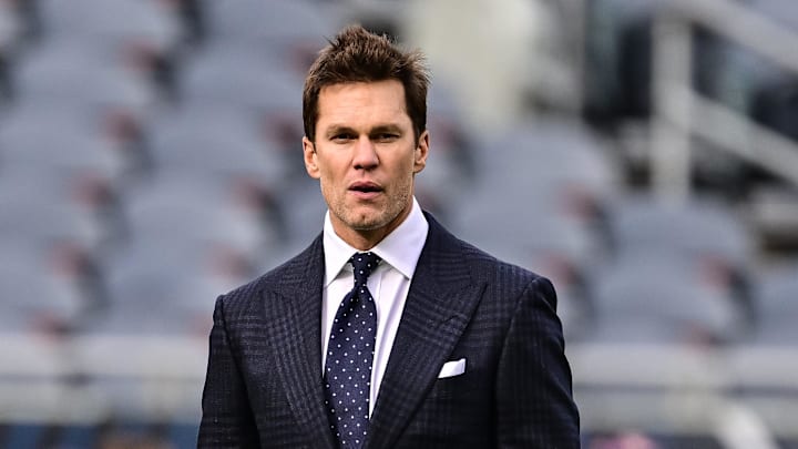Nov 17, 2024; Chicago, Illinois, USA; Former quarterback and current NFL announcer Tom Brady looks on before the game between the Chicago Bears and Green Bay Packers at Soldier Field. Mandatory Credit: Daniel Bartel-Imagn Images