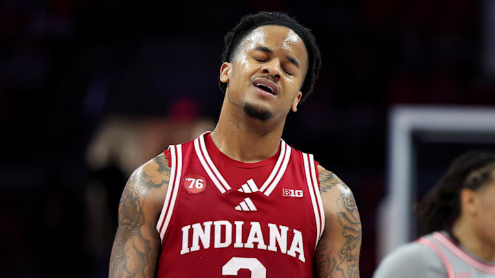 Mar 7, 2026; Columbus, Ohio, USA; Indiana Hoosiers guard Lamar Wilkerson (3) reacts as time winds down during the second half against the Ohio State Buckeyes at Value City Arena. 
