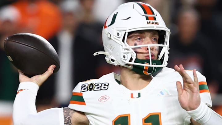 Miami Hurricanes quarterback Carson Beck drops back to pass against the Indiana Hoosiers in the National Championship Game.
