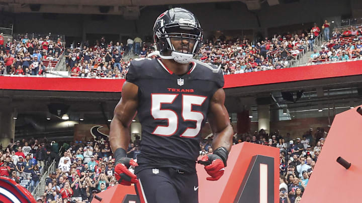 Dec 15, 2024; Houston Texans defensive end Danielle Hunter (55) runs onto the field before the game against the Miami Dolphins at NRG Stadium. Mandatory Credit: Troy Taormina-Imagn Images