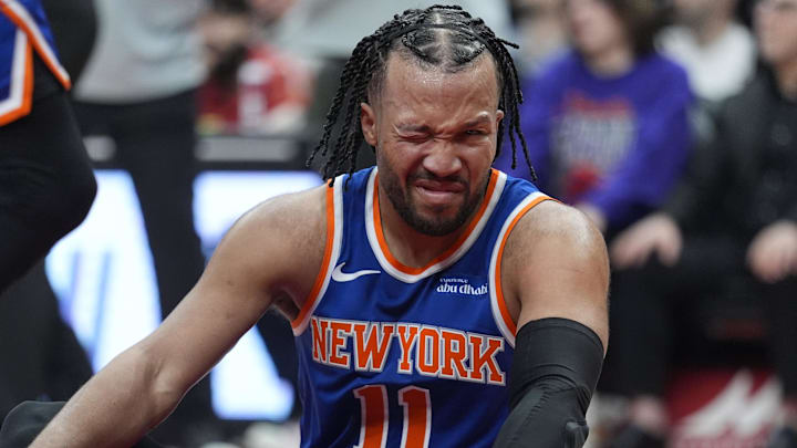 Mar 3, 2026; Toronto, Ontario, CAN; New York Knicks guard Jalen Brunson (11) reacts after getting poked in the eye during a collision with a Toronto Raptors player during the second half at Scotiabank Arena. Mandatory Credit: John E. Sokolowski-Imagn Images