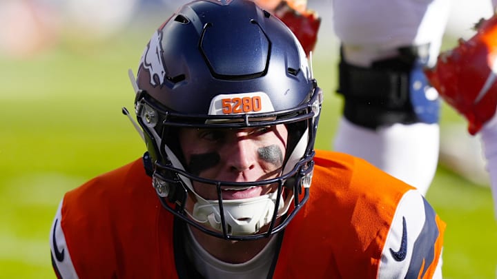 Jan 17, 2026; Denver, CO, USA; Denver Broncos quarterback Bo Nix (10) reacts after a play during the first quarter of an AFC Divisional Round playoff game against the Buffalo Bills at Empower Field at Mile High. Mandatory Credit: Ron Chenoy-Imagn Images