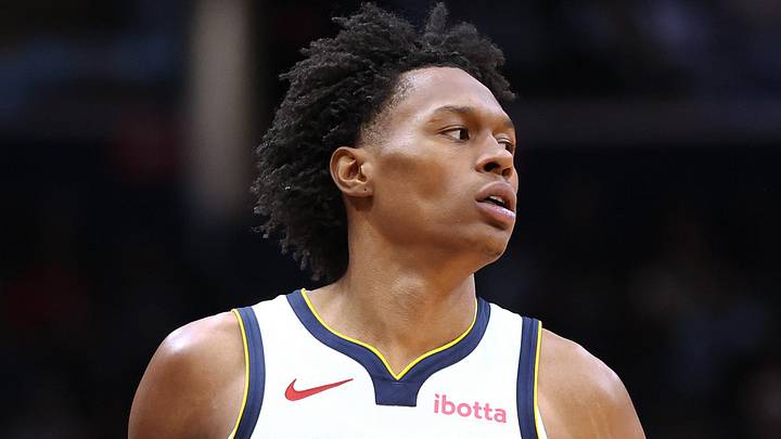 Jan 22, 2026; Washington, District of Columbia, USA; Denver Nuggets guard Peyton Watson (8) looks on during the second half against the Washington Wizards at Capital One Arena. Mandatory Credit: Daniel Kucin Jr.-Imagn Images