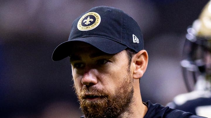 Sep 8, 2024; New Orleans, Louisiana, USA;  New Orleans Saints offensive coordinator Klint Kubiak reacts against the Carolina Panthers during the pregame at Caesars Superdome. Mandatory Credit: Stephen Lew-Imagn Images