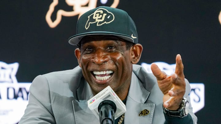 Jul 9, 2025; Frisco, TX, USA; Colorado head coach Deion Sanders speaks with the media during 2025 Big 12 Football Media Days at The Star. Mandatory Credit: Raymond Carlin III-Imagn Images