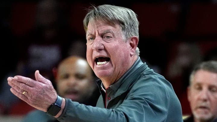 NC State coach Wes Moore gestures during a women's college basketball game between the University of Oklahoma Sooners (OU) and the NC State Wolfpack at Lloyd Noble Center in Norman, Okla., Wednesday, Dec. 3, 2025. Oklahoma won 103-98.