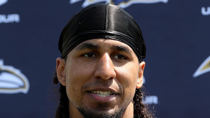 Baltimore Ravens linebacker Tavius Robinson speaks after an NFL OTA at Under Armour Performance Center.