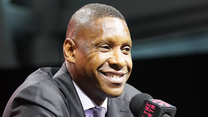 Sep 30, 2024; Toronto, Ontario, Canada; Toronto Raptors vice chairman and team president Masai Ujiri  talks to the media during media day at Scotiabank Area. Mandatory Credit: John E. Sokolowski-Imagn Images