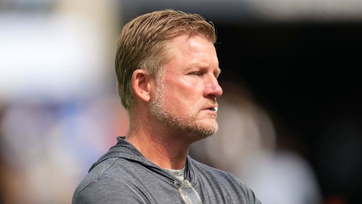 Aug 9, 2025; Inglewood, California, USA; Los Angeles Rams general manager Les Snead watches during the game against the Dallas Cowboys at SoFi Stadium. Mandatory Credit: Kirby Lee-Imagn Images