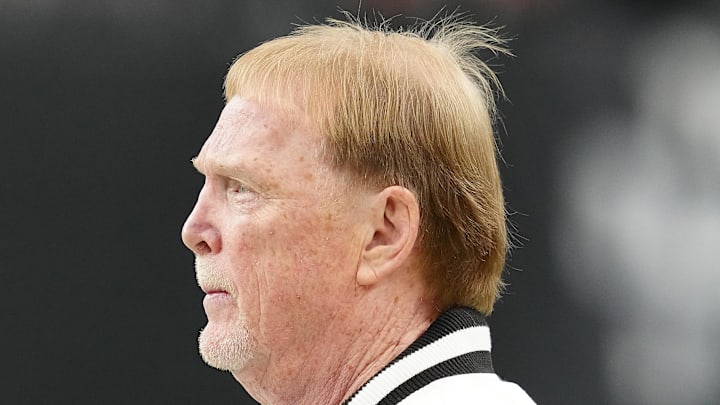 Jan 4, 2026; Paradise, Nevada, USA; Las Vegas Raiders owner Mark Davis observes warm ups before the start of a game against the Kansas City Chiefs at Allegiant Stadium. Mandatory Credit: Stephen R. Sylvanie-Imagn Images