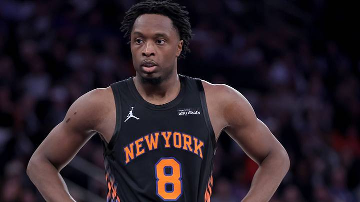 Oct 27, 2026; New York, New York, USA; New York Knicks forward OG Anunoby (8) during the first quarter against the Detroit Pistons at Madison Square Garden. Mandatory Credit: Brad Penner-Imagn Images