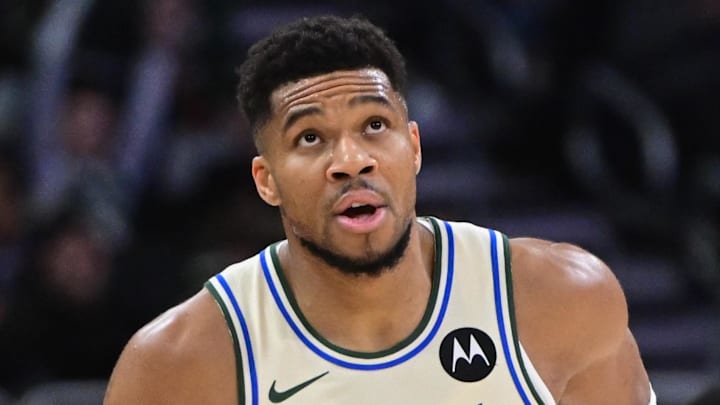 Milwaukee Bucks forward Giannis Antetokounmpo reacts after scoring his 21,000th career point.