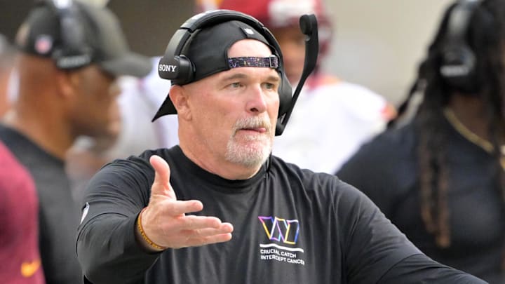 Washington Commanders head coach Dan Quinn during the first half against the Los Angeles Chargers