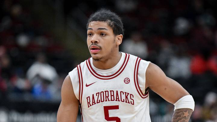 Dec 20, 2025; Newark, New Jersey, USA; Arkansas Razorbacks guard Darius Acuff Jr. (5) during the first half against the Houston Cougars at Prudential Center.