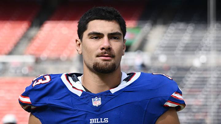 Aug 22, 2026; Cleveland, Ohio, USA; Buffalo Bills tight end Keleki Latu (83) during the second half at Huntington Bank Field. Mandatory Credit: Ken Blaze-Imagn Images