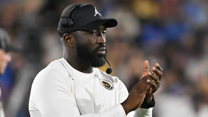 Oct 12, 2024; Pasadena, California, USA; UCLA Bruins head coach DeShaun Foster during the second quarter against the Minnesota Golden Gophers at the Rose Bowl. Mandatory Credit: Robert Hanashiro-Imagn Images