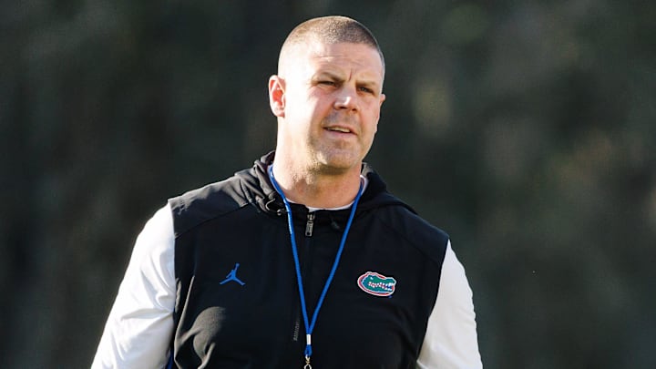 Florida Gators head coach Billy Napier looks on during spring football practice at Heavener Football Complex at the University of Florida in Gainesville, FL on Thursday, March 6, 2025. [Matt Pendleton/Gainesville Sun]