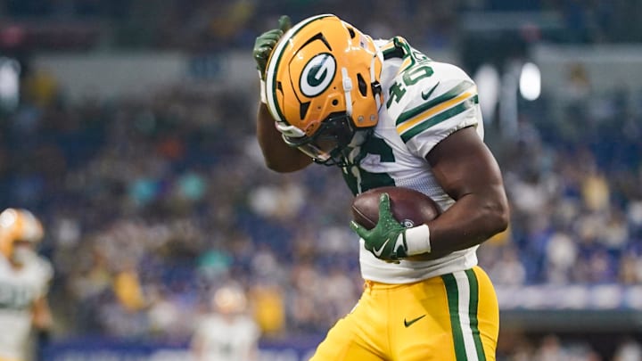 Green Bay Packers running back Amar Johnson (46) celebrates after running for a touchdown against the Indianapolis Colts.