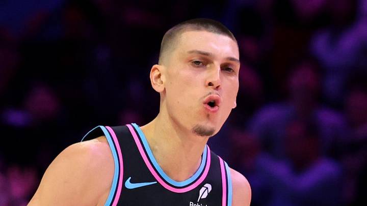 Mar 30, 2026; Miami, Florida, USA; Miami Heat guard Tyler Herro (14) reacts after scoring against the Philadelphia 76ers during the fourth quarter at Kaseya Center. Mandatory Credit: Sam Navarro-Imagn Images
