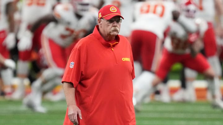 Feb 9, 2025; New Orleans, LA, USA; Kansas City Chiefs head coach Andy Reid before Super Bowl LIX against the Philadelphia Eagles at Caesars Superdome. Mandatory Credit: Kirby Lee-Imagn Images