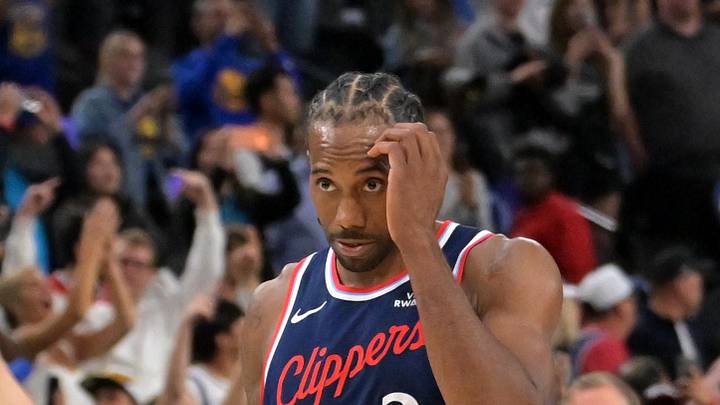 Apr 15, 2026; Inglewood, California, USA; Los Angeles Clippers forward Kawhi Leonard (2) leaves the court after being defeated by the Golden State Warriors during the play-in rounds of the 2026 NBA Playoffs at Intuit Dome. Mandatory Credit: Jayne Kamin-Oncea-Imagn Images
