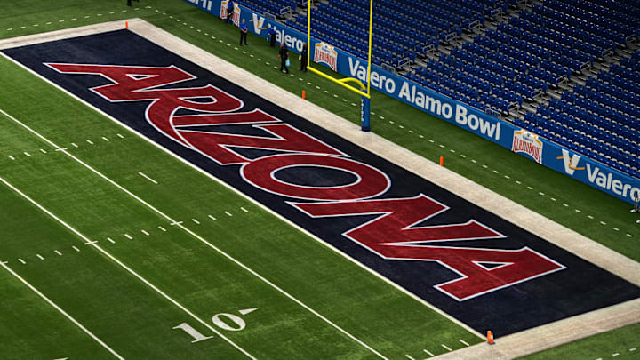 Dec 28, 2023; San Antonio, TX, USA; The Arizona Wildcats logo in the end zone at Alamodome. Mandatory Credit: Kirby Lee-Imagn Images