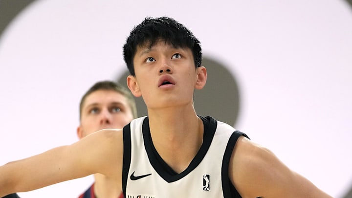 Dec 19, 2021; Las Vegas, NV, USA; G League Ignite forward Fanbo Zeng (12) is pictured during a third quarter free throw against the Grand Rapids Gold at Mandalay Bay Convention Center. Mandatory Credit: Stephen R. Sylvanie-Imagn Images