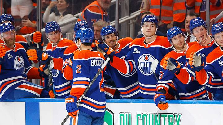 Sep 29, 2026; Edmonton, Alberta, CAN; The Edmonton Oilers celebrate a goal scored by defensemen Evan Bouchard (2), his third goal of the game during the third period against the Vancouver Canucks at Rogers Place. Mandatory Credit: Perry Nelson-Imagn Images Sep 29, 2026; Edmonton, Alberta, CAN; The Edmonton Oilers celebrate a goal scored by defensemen Evan Bouchard (2), his third goal of the game during the third period against the Vancouver Canucks at Rogers Place. Mandatory Credit: Perry Nelson-Imagn Images