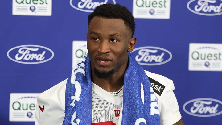 Jul 24, 2025; East Rutherford, NJ, USA; New York Giants safety Tyler Nubin (27) talks with media during training camp at Quest Diagnostics Training Center. Mandatory Credit: Vincent Carchietta-Imagn Images