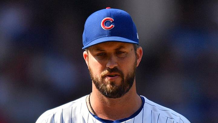 Sep 13, 2025; Chicago, Illinois, USA; Chicago Cubs pitcher Drew Pomeranz (45) prepares to pitch against the Tampa Bay Rays during the sixth inning at Wrigley Field. Mandatory Credit: Patrick Gorski-Imagn Images