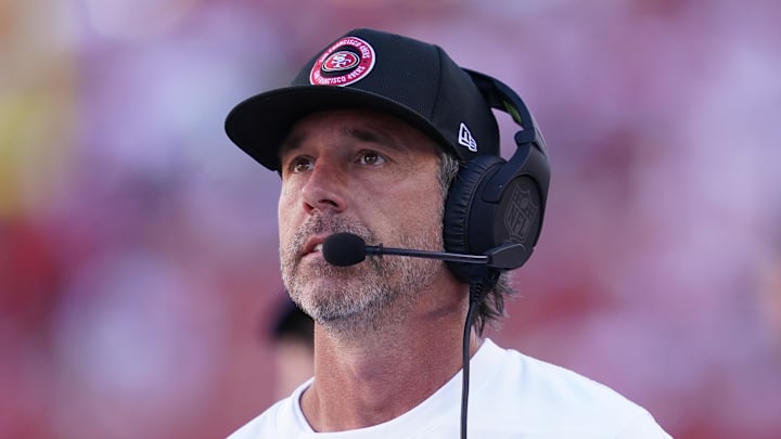 Oct 20, 2024; Santa Clara, California, USA; San Francisco 49ers head coach Kyle Shanahan reacts after the Kansas City Chiefs picked up a first down in the fourth quarter at Levi's Stadium. Mandatory Credit: Cary Edmondson-Imagn Images