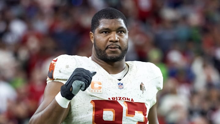 Sep 25, 2025; Glendale, Arizona, USA; Arizona Cardinals defensive lineman Calais Campbell (93) against the Seattle Seahawks at State Farm Stadium. Mandatory Credit: Mark J. Rebilas-Imagn Images