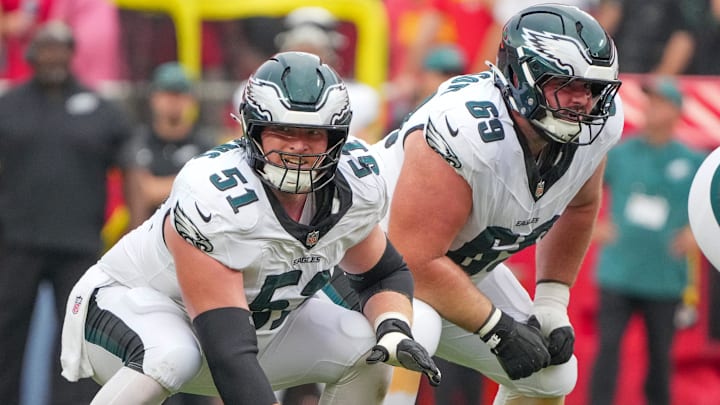 Sep 14, 2025; Kansas City, Missouri, USA; Philadelphia Eagles center Cam Jurgens (51) and guard Landon Dickerson (69) at the line of scrimmage against the Kansas City Chiefs during the second half of the game at GEHA Field at Arrowhead Stadium. Sep 14, 2025; Kansas City, Missouri, USA; Philadelphia Eagles center Cam Jurgens (51) and guard Landon Dickerson (69) at the line of scrimmage against the Kansas City Chiefs during the second half of the game at GEHA Field at Arrowhead Stadium.