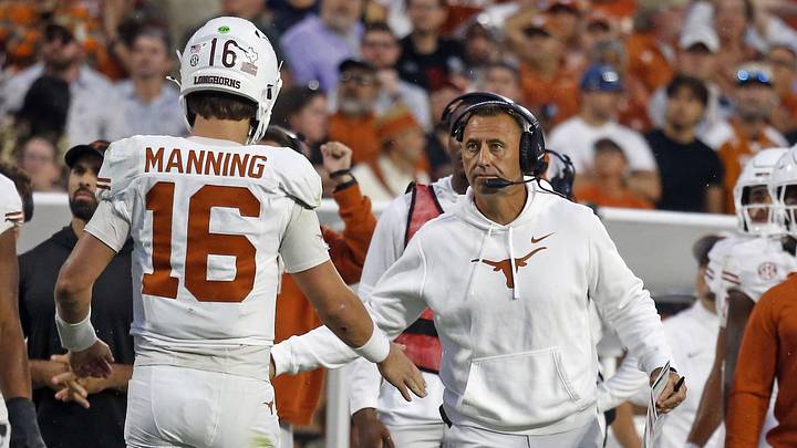 Texas Longhorns head coach Steve Sarkisian reacts with Texas Longhorns quarterback Arch Manning (16) during the fourth quarter against the Mississippi State Bulldogs at Davis Wade Stadium at Scott Field. Texas Longhorns head coach Steve Sarkisian reacts with Texas Longhorns quarterback Arch Manning (16) during the fourth quarter against the Mississippi State Bulldogs at Davis Wade Stadium at Scott Field.