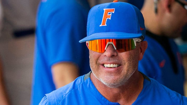 Florida head coach Kevin O'Sullivan celebrates the win of the NCAA Regionals  game against Texas Tech, Monday, June 5, 2023, at Condron Family Ballpark in Gainesville, Florida. Florida beat Texas Tech 6-0 and advances to Super Regionals. [Cyndi Chambers/ Gainesville Sun] 2023
