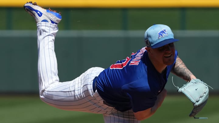 Mar 21, 2025; Mesa, Arizona, USA; Chicago Cubs pitcher Cade Horton throws against the San Diego Padres in the first inning at Sloan Park.