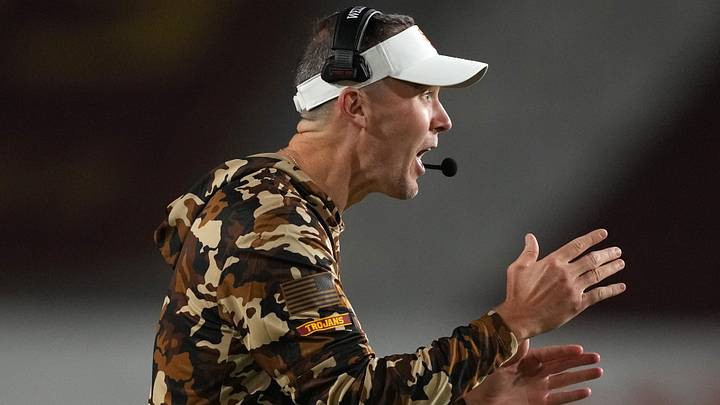Sep 12, 2026; Los Angeles, California, USA; Southern California Trojans head coach Lincoln Riley reacts against the Louisiana Ragin' Cajuns in the second half at United Airlines Field at Los Angeles Memorial Coliseum. Mandatory Credit: Kirby Lee-Imagn Images Sep 12, 2026; Los Angeles, California, USA; Southern California Trojans head coach Lincoln Riley reacts against the Louisiana Ragin' Cajuns in the second half at United Airlines Field at Los Angeles Memorial Coliseum. Mandatory Credit: Kirby Lee-Imagn Images